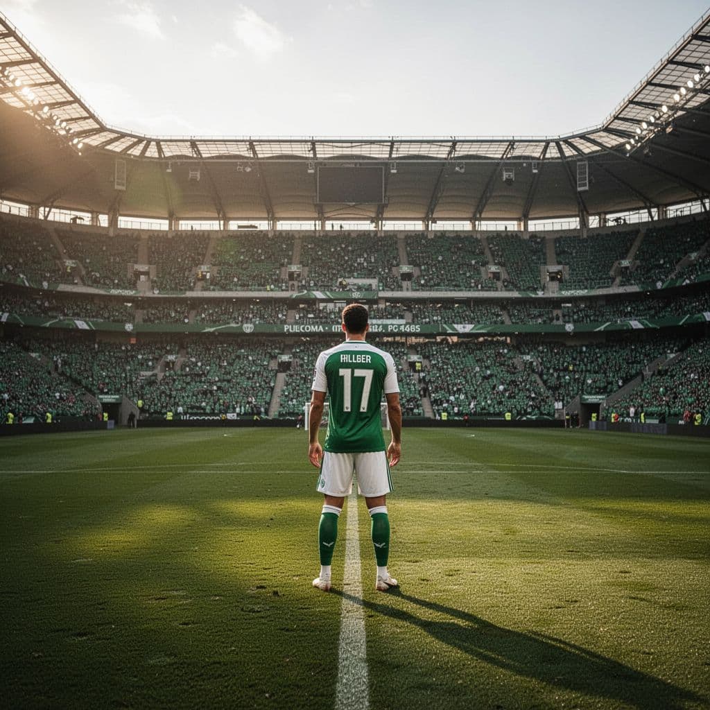 A soccer player in a green and white kit stands alone on a sunlit pitch facing the stadium.