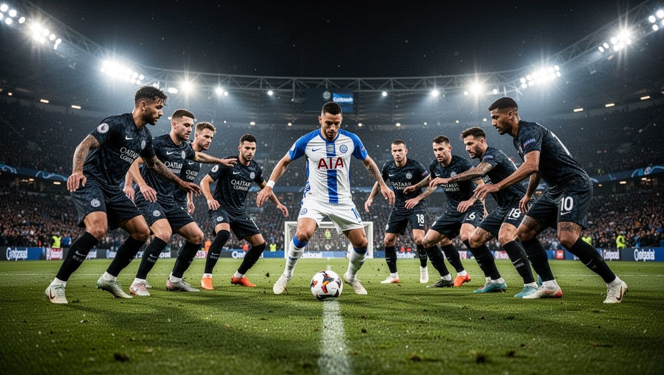 Pemain berjersey biru putih menggiring bola melewati barisan pertahanan lawan di stadion besar saat malam hari. Lampu sorot terang menyinari rumput hijau yang menjadi saksi sengitnya laga babak gugur ini.