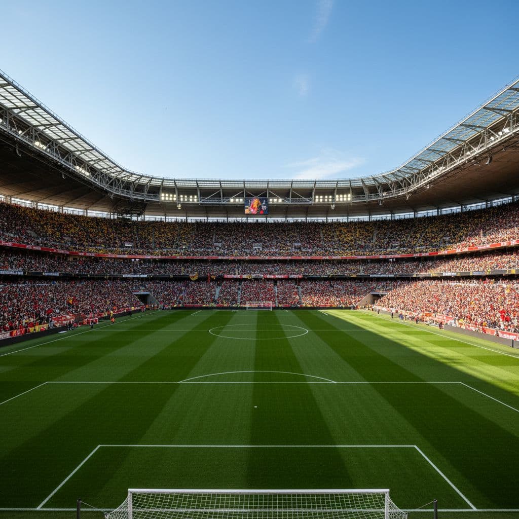 A wide angle shot captures the vibrant green soccer pitch inside the crowded King Baudouin Stadium. Thousands of enthusiastic fans fill the tiered stands under a clear, bright afternoon sky.