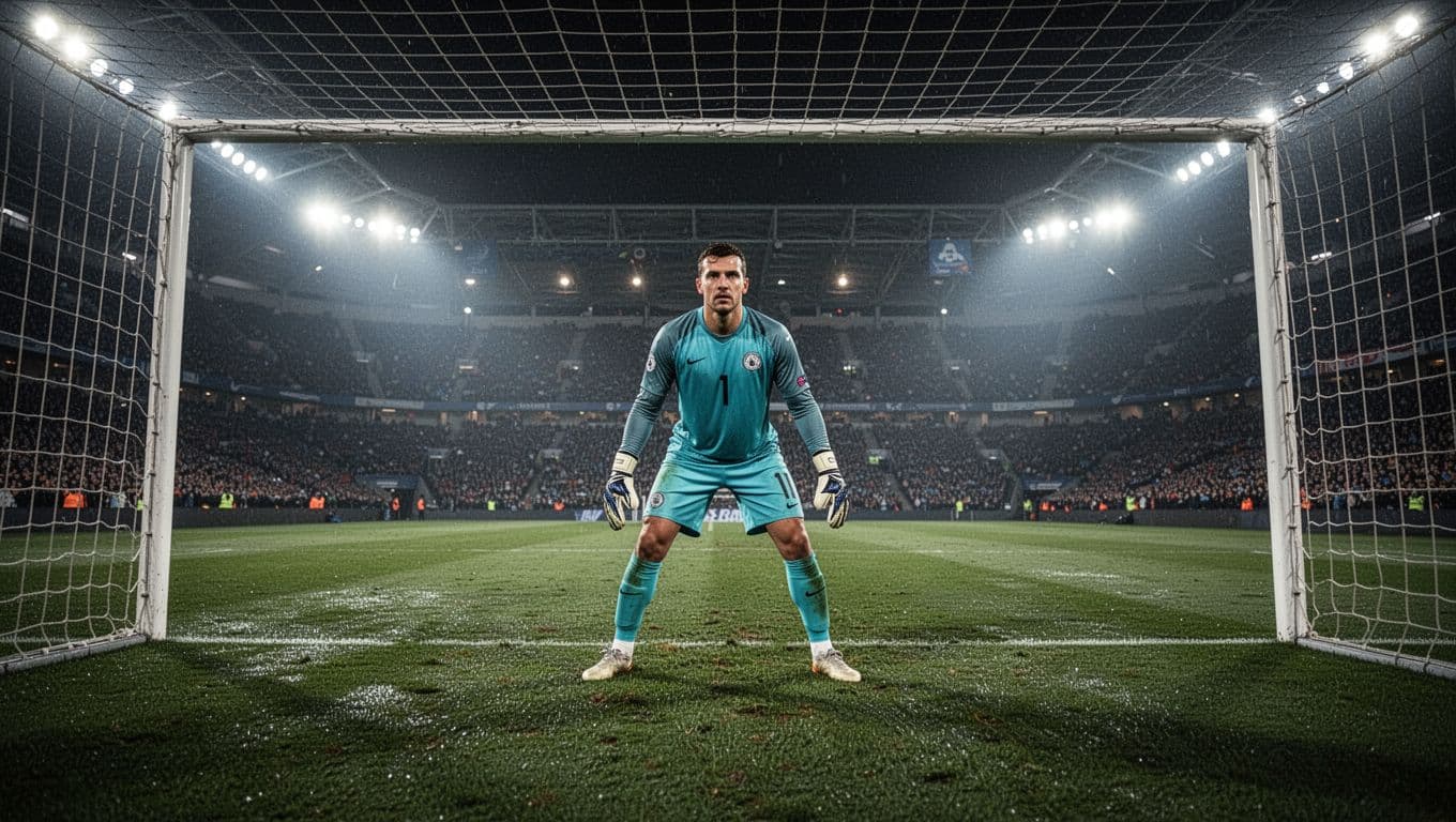 Seorang kiper berdiri waspada di depan jaring gawang stadion besar saat malam hari. Pencahayaan lampu sorot yang dramatis menyinari seragamnya, menciptakan suasana pertandingan yang sangat intens dan penuh konsentrasi tinggi.