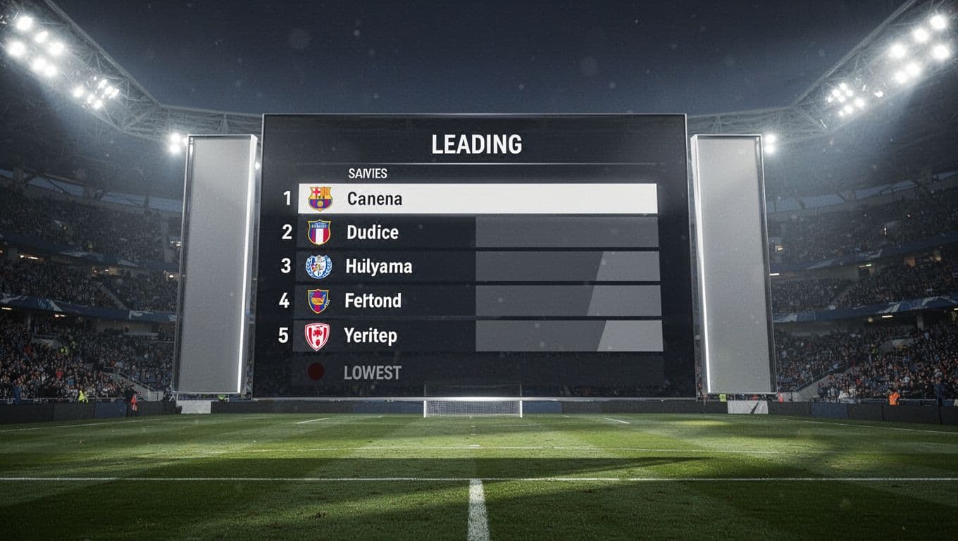 Layar digital besar di stadion menampilkan tabel klasemen grup sepak bola dengan posisi Belanda di puncak dan Tunisia di bawah. Cahaya lampu sorot stadion menciptakan suasana megah di latar belakang.