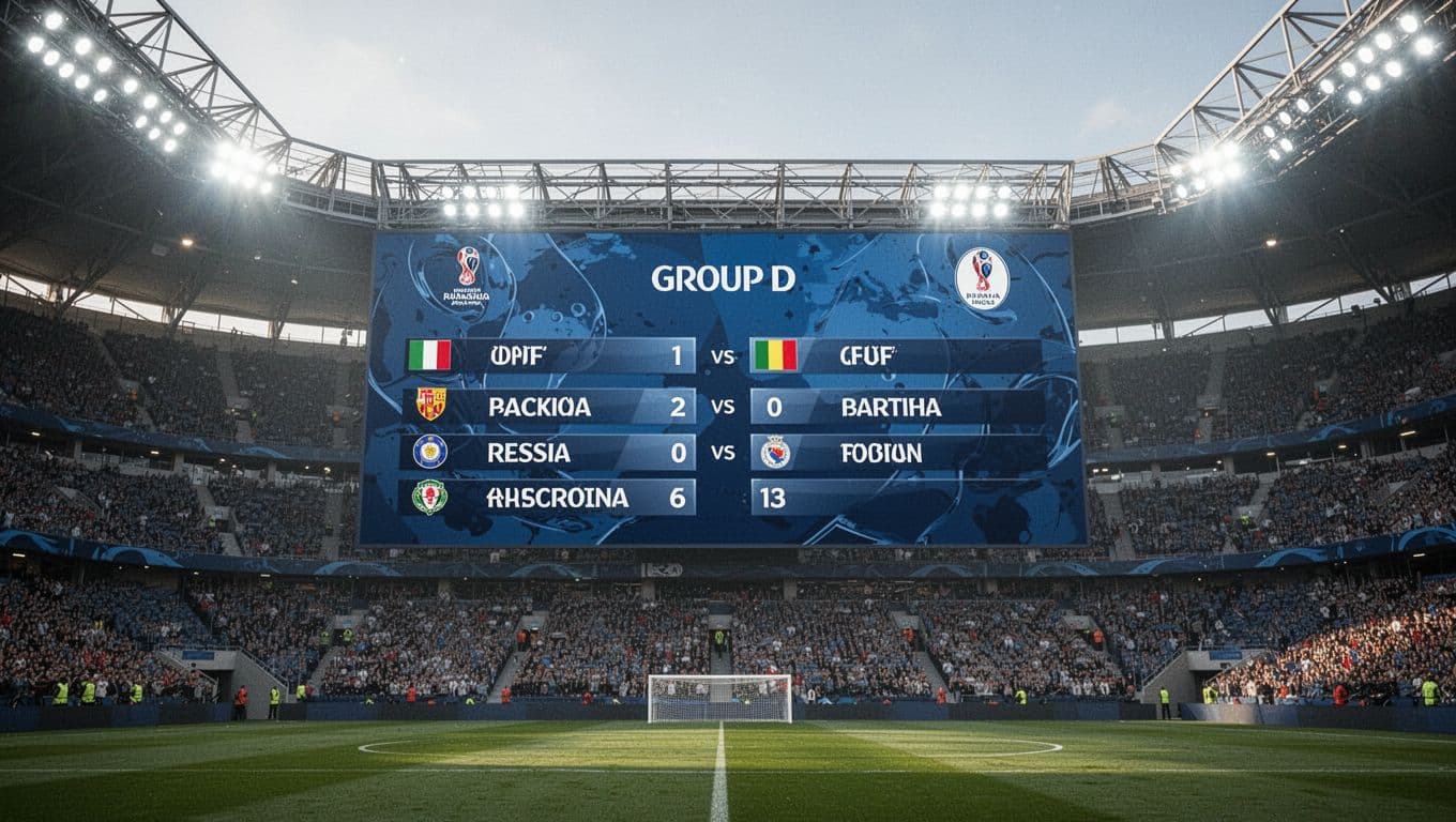 Papan skor digital raksasa di dalam stadion olahraga menampilkan klasemen Grup D dengan nama Paraguay dan Australia yang tertera jelas. Cahaya lampu stadion menerangi seluruh tribun penonton di latar belakang.