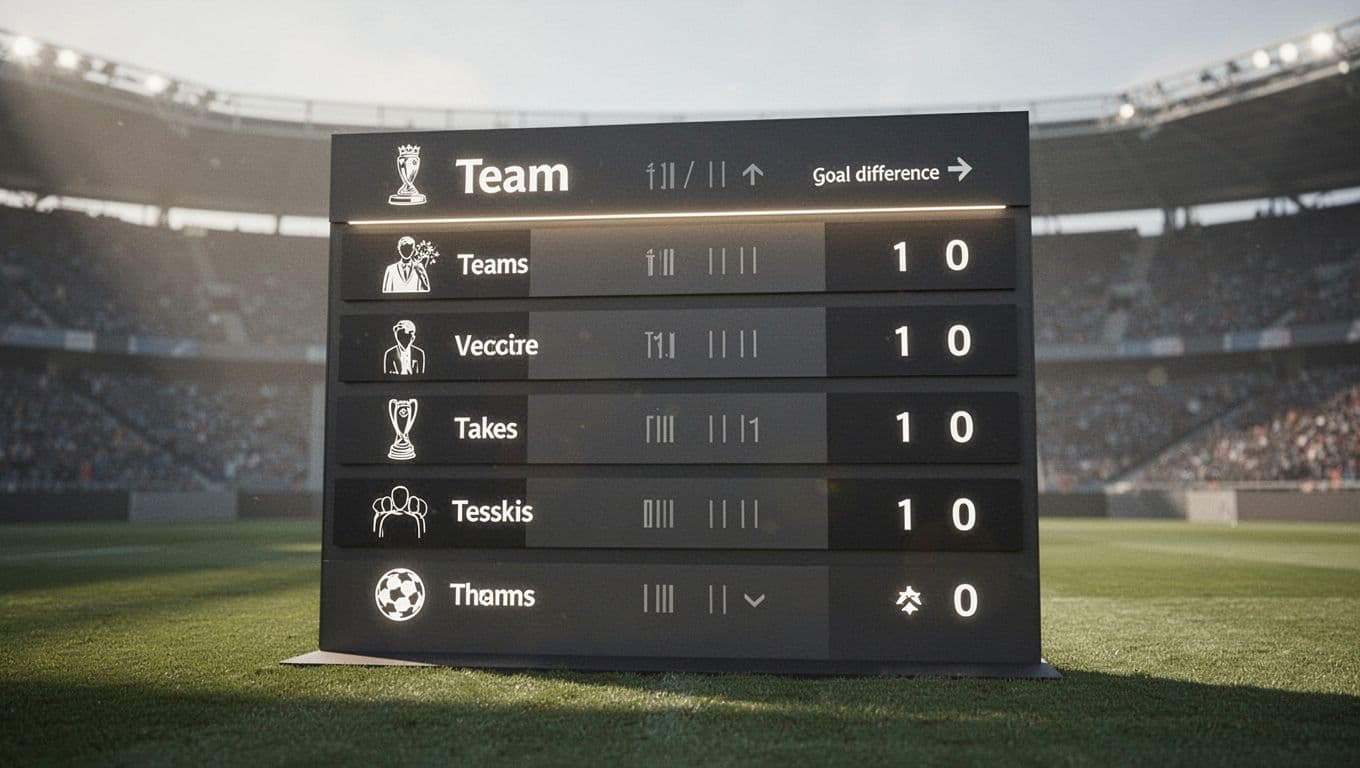 Tabel klasemen sepak bola dengan empat baris data menunjukkan perolehan poin dan selisih gol. Baris teratas disorot secara khusus dengan latar belakang stadion yang tampak samar dan modern dalam nuansa minimalis.
