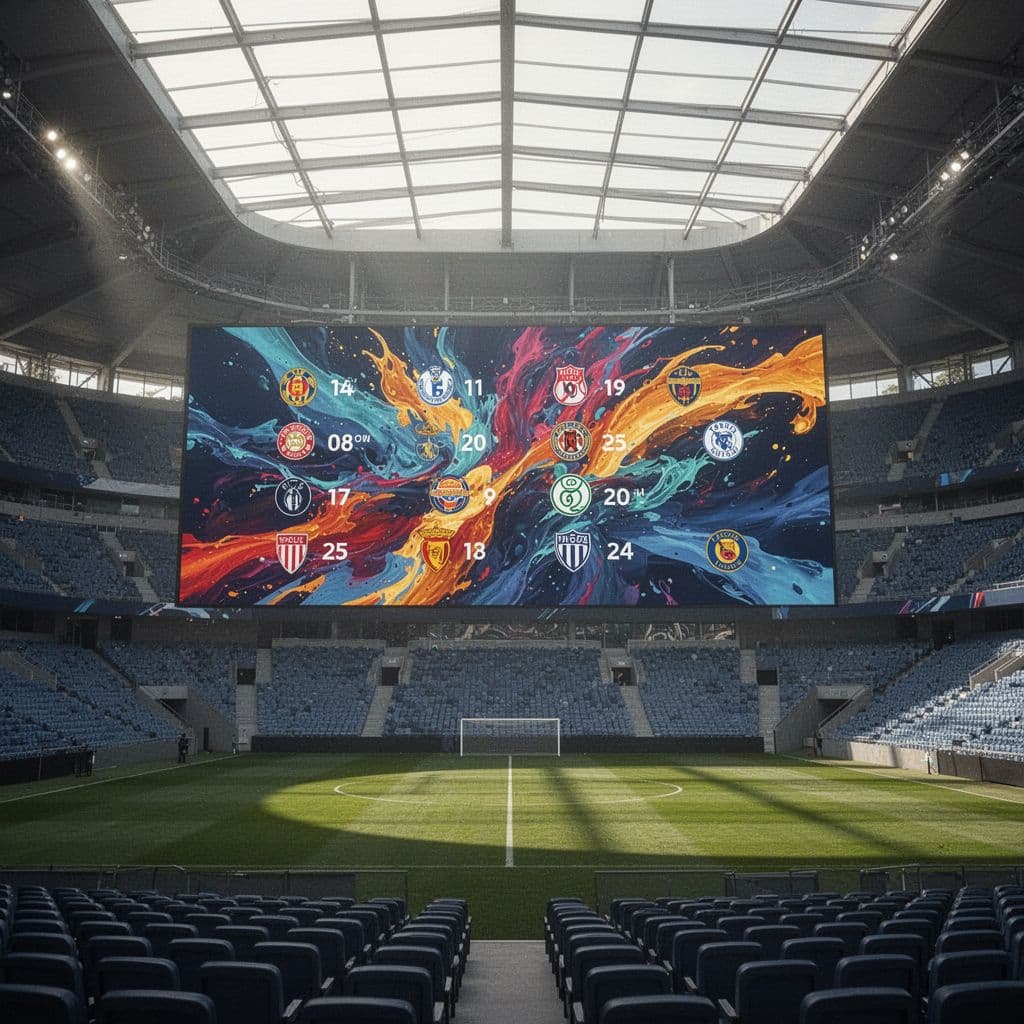 Sebuah papan skor digital berukuran raksasa menampilkan statistik pertandingan di tengah stadion yang megah. Pencahayaan alami menyinari layar tanpa teks tersebut, menciptakan suasana sinematik yang tenang sebelum laga penentuan tim dimulai.