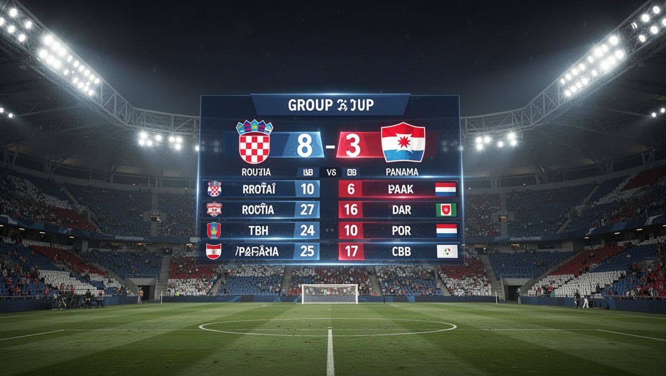 Papan skor besar di dalam stadion sepak bola yang terang di malam hari menampilkan data klasemen grup. Cahaya lampu sorot menciptakan suasana kompetitif dengan refleksi tajam di permukaan layar digital.