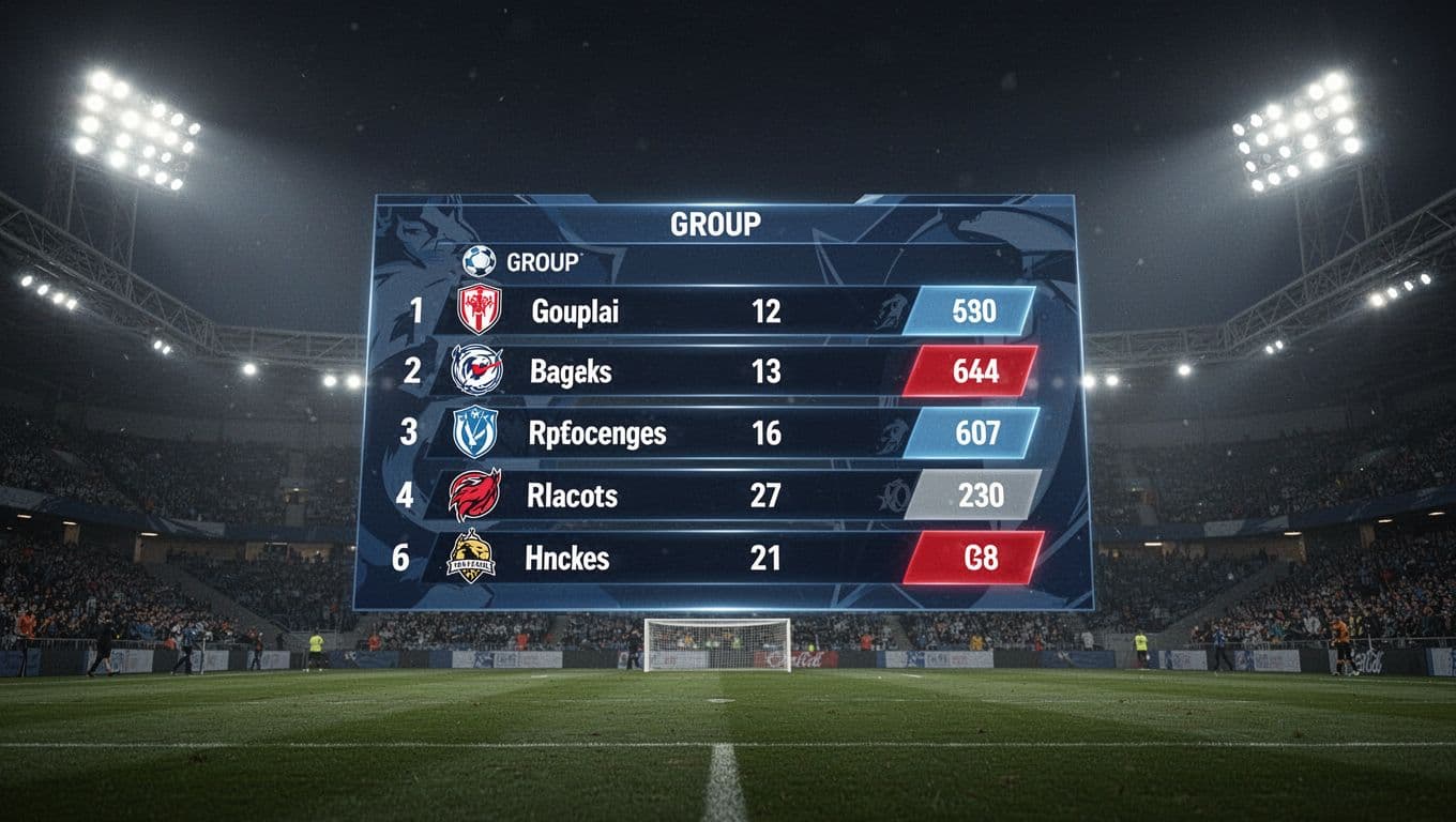 Layar raksasa di dalam stadion malam hari menampilkan tabel posisi grup turnamen yang bercahaya terang. Deretan nama tim dan poin statistik tersusun rapi dengan latar belakang atmosfer lapangan hijau yang dramatis.