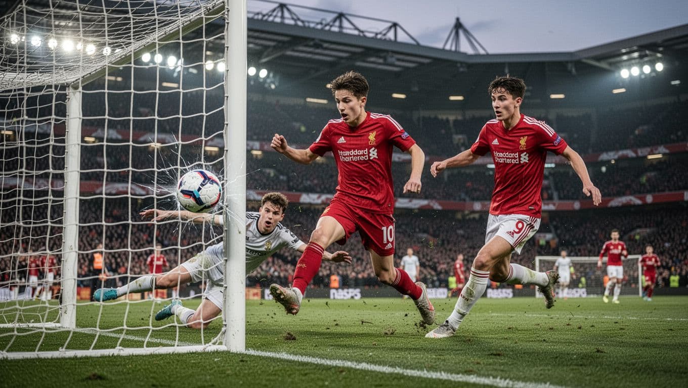 Kobbie Mainoo puts ball in net past diving defender, teammate rushes to celebrate, Old Trafford stands blurred.