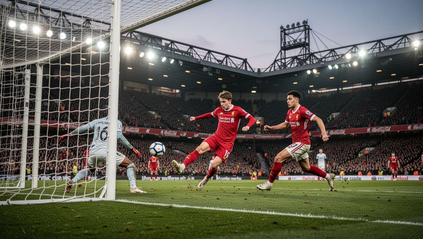Kobbie Mainoo strikes ball past defender into goal as teammate approaches to celebrate in tense evening stadium.