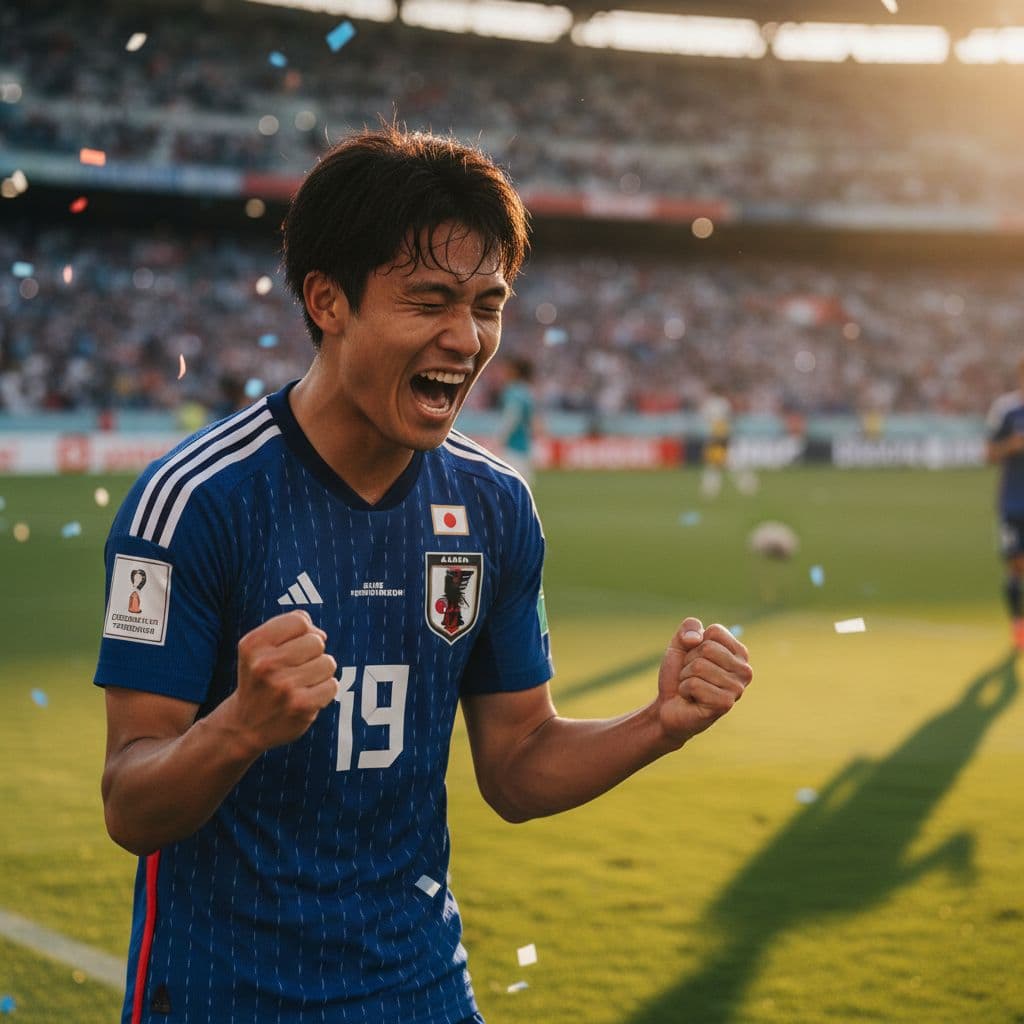 A Japanese football player in a blue kit celebrates a goal on a green pitch. The stadium crowd remains blurred in the background as the golden dusk light highlights his joy.