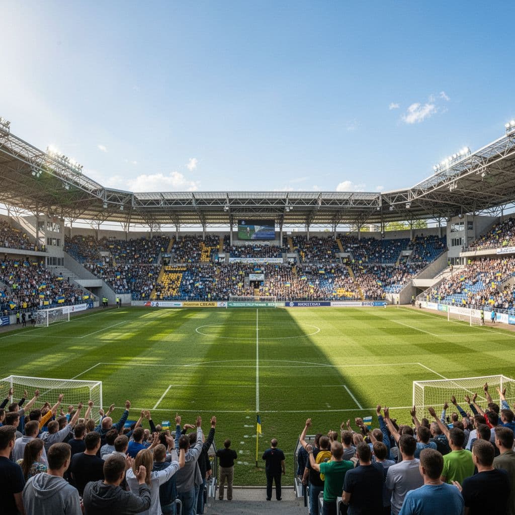 Compact Kolos Stadium in Kovalivka features green pitch and modern stands filled with fans under blue sky.