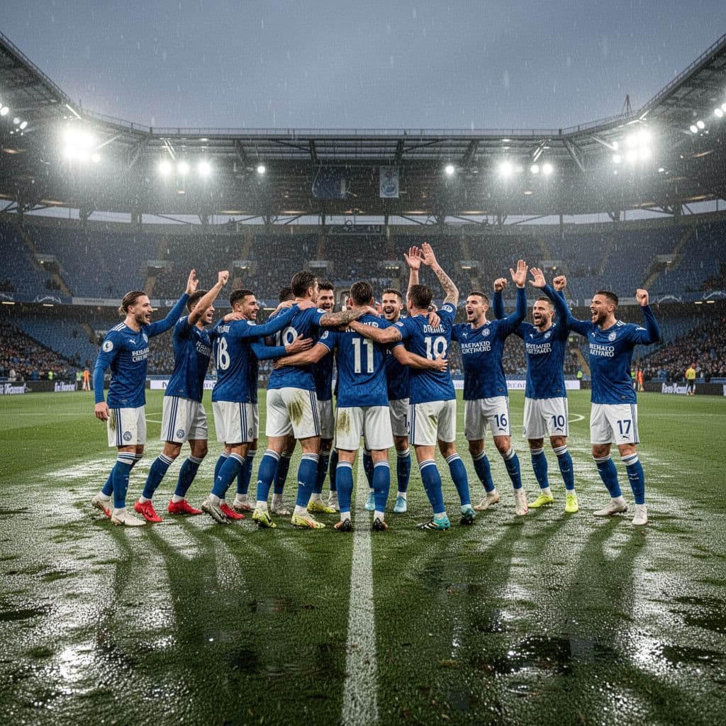 Eleven football players in blue jerseys celebrate a goal on a rain-slicked stadium pitch at night.