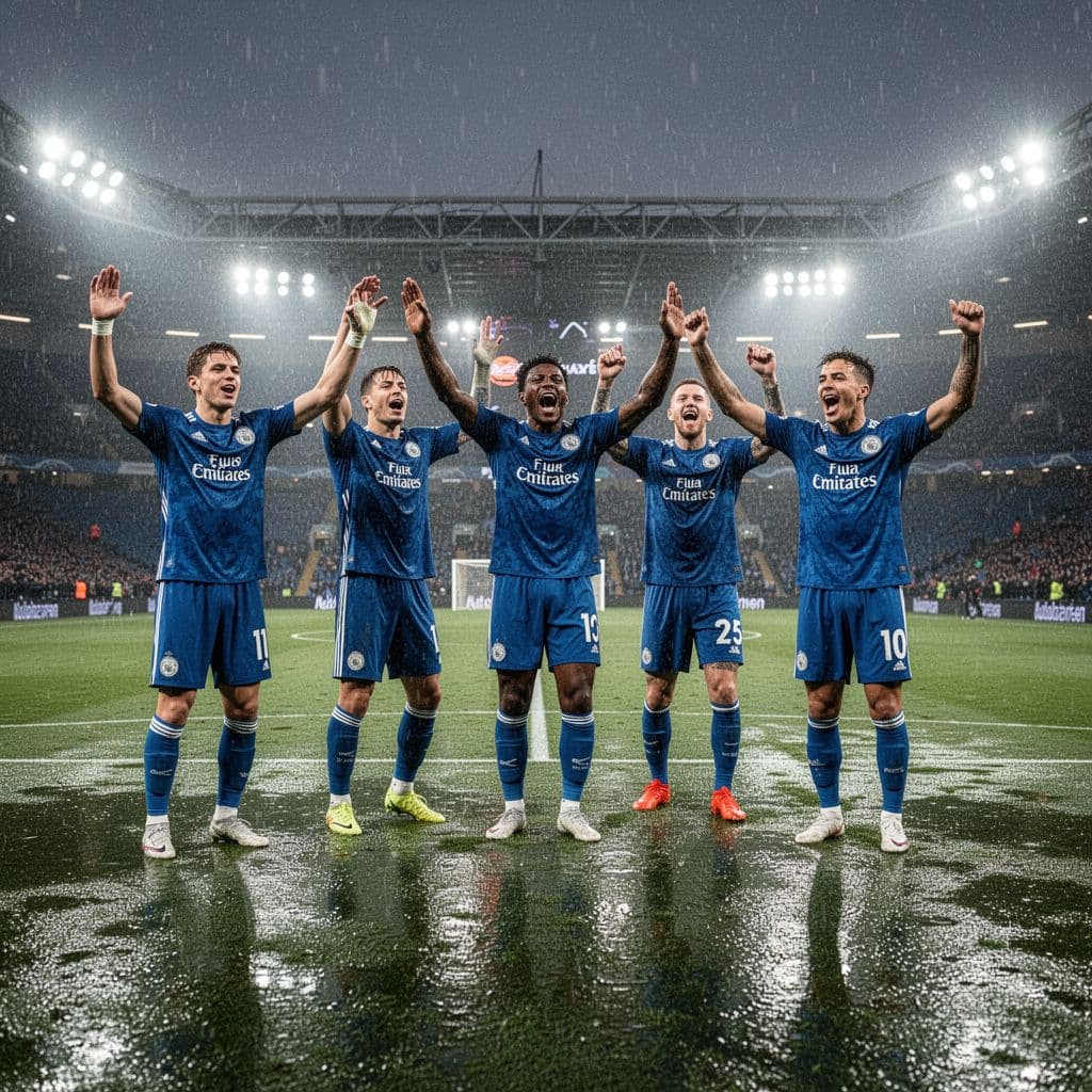 Kosovo football players in blue uniforms celebrate a goal on a rainy stadium pitch.