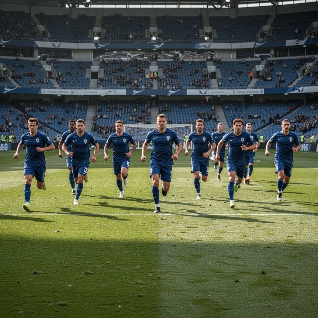 Eleven football players in blue jerseys compete on a green stadium pitch during a match.