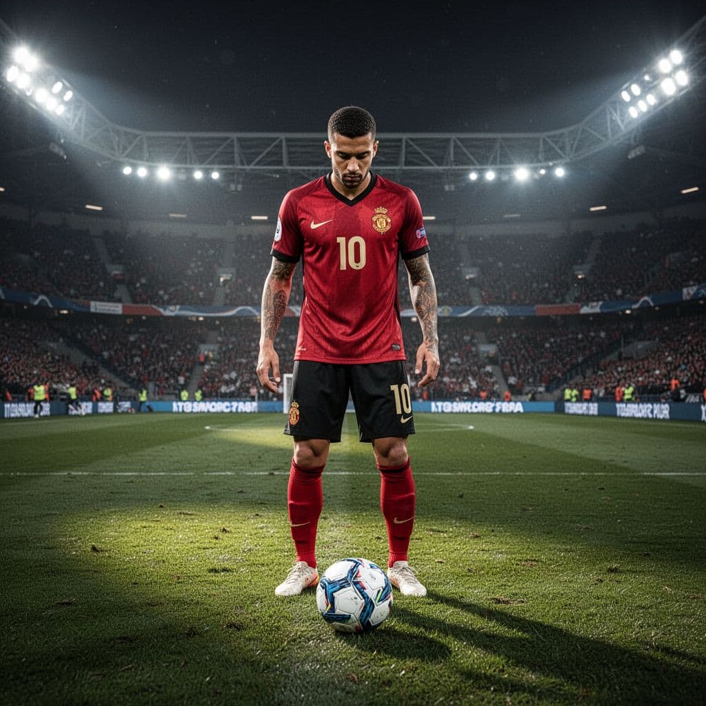 A football player in an Albanian national kit intensely tracks the ball on a stadium pitch.