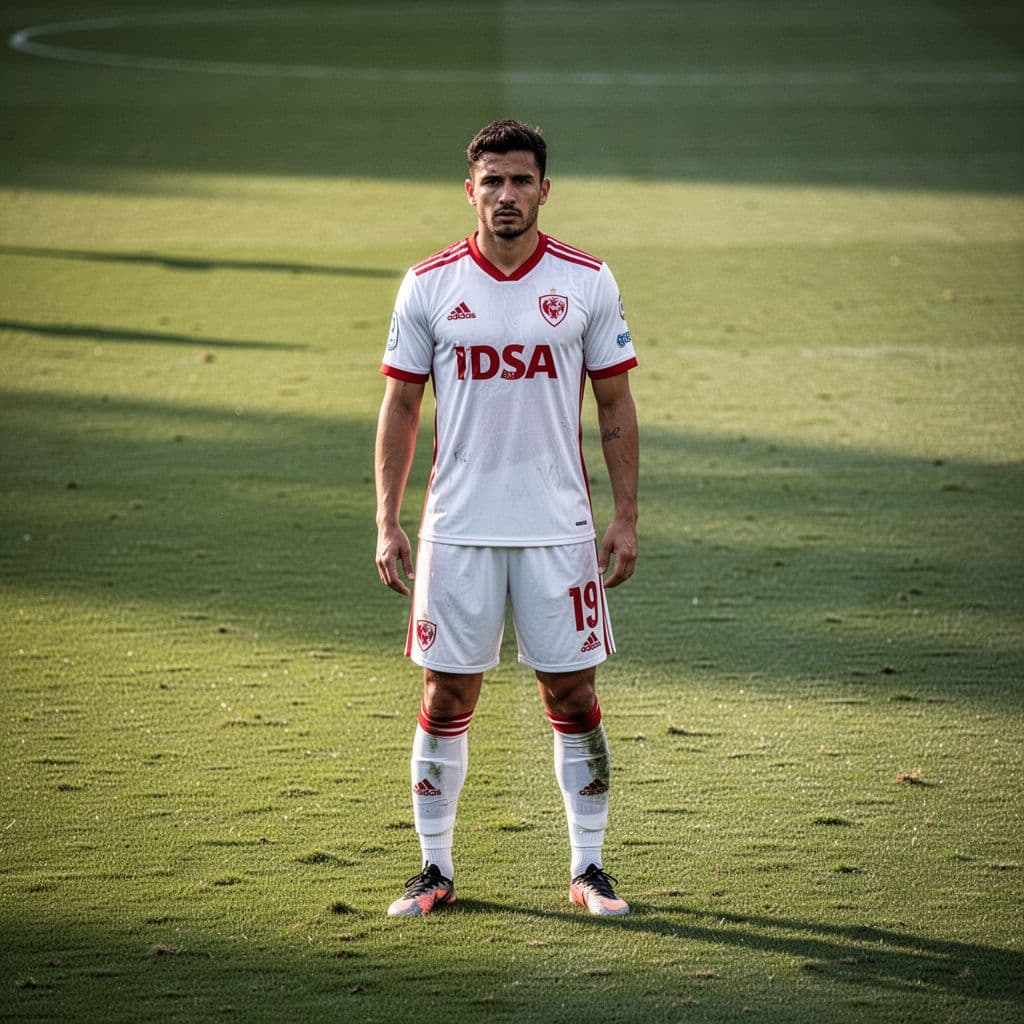 A soccer player in a white and red kit stands focused on a green grass field.