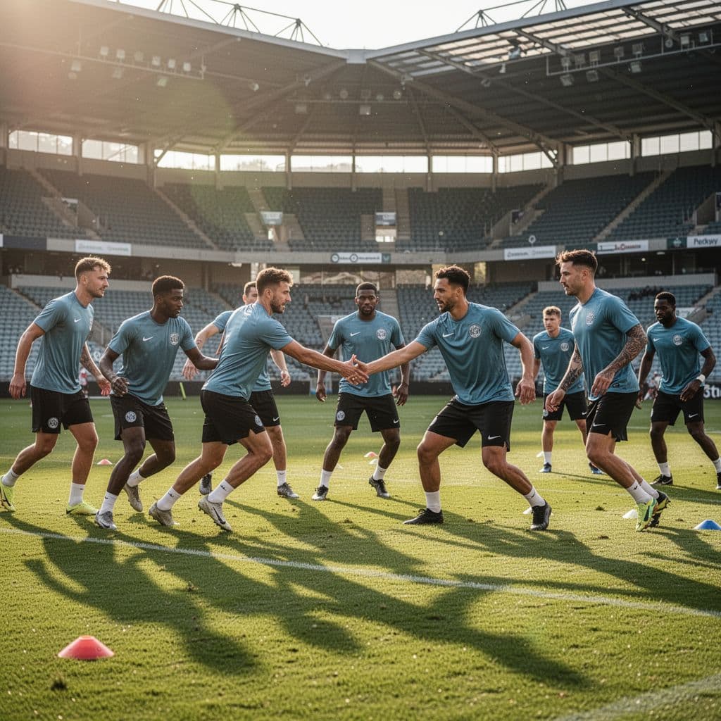 A group of professional football players in practice jerseys training on a sunlit green field.