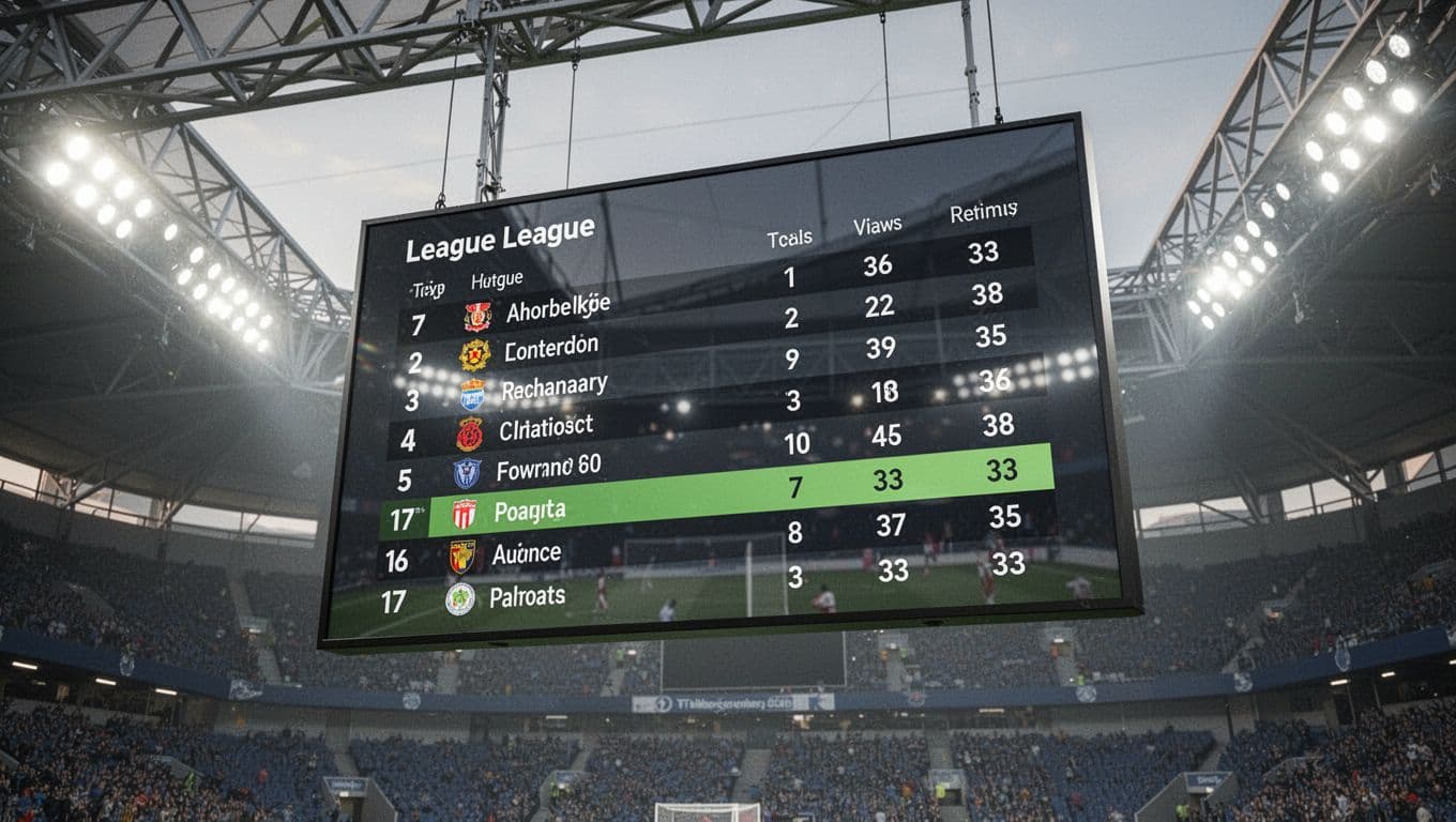 Digital stadium screen shows La Liga 2026 standings with Deportivo Alavés in 17th place at 33 points.