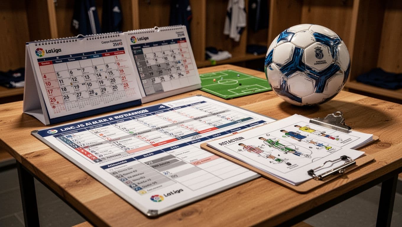 Crowded La Liga calendar marked for Athletic Club games sits on coach's table with player rotation tactics board, clipboard, and soccer ball in locker room.
