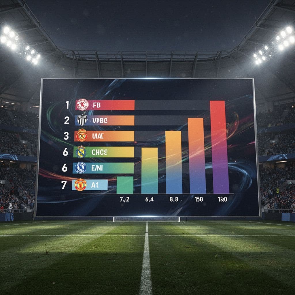 A digital screen displays a football league standings table inside a modern, brightly lit stadium.