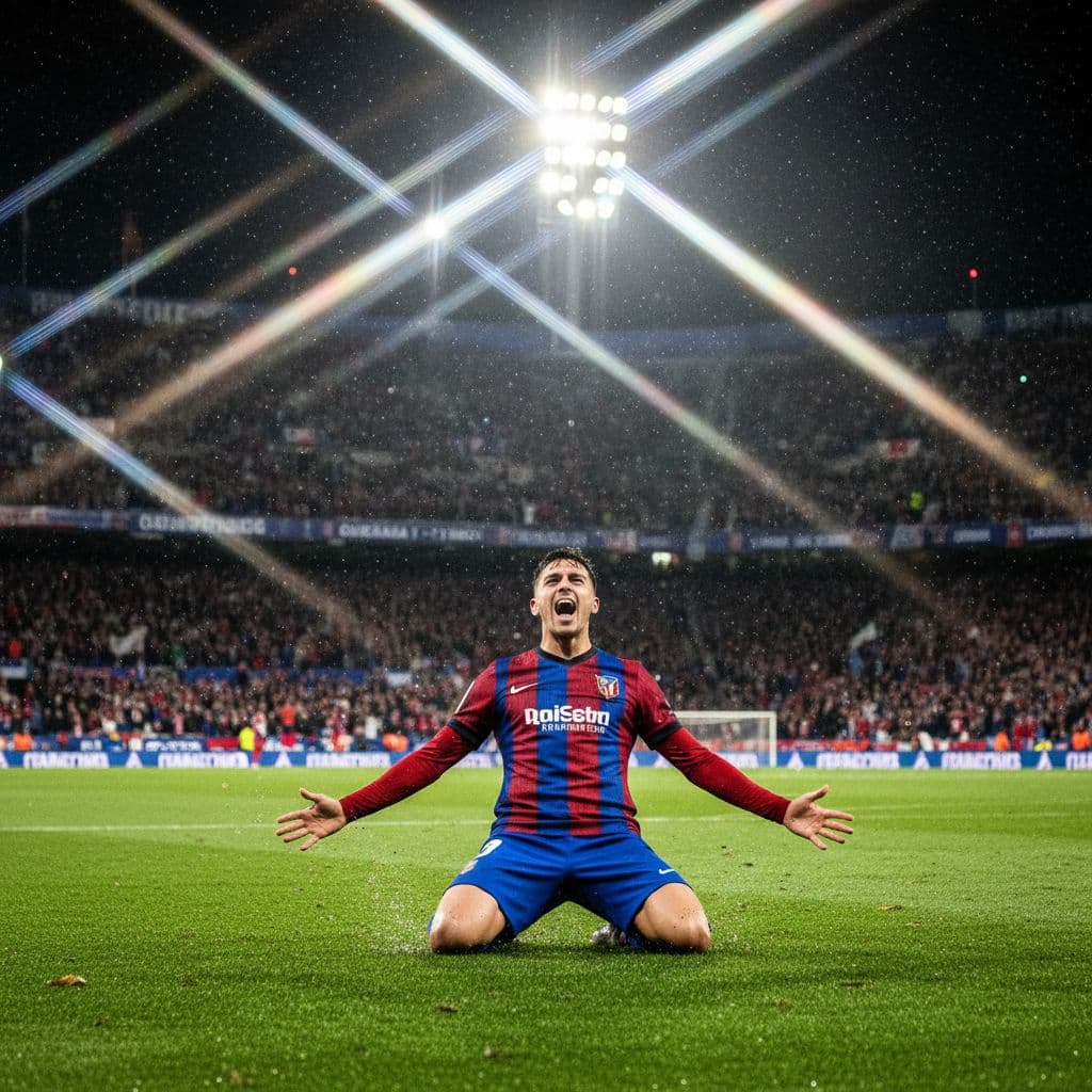Football player celebrates goal on field with blurred stadium crowd behind.