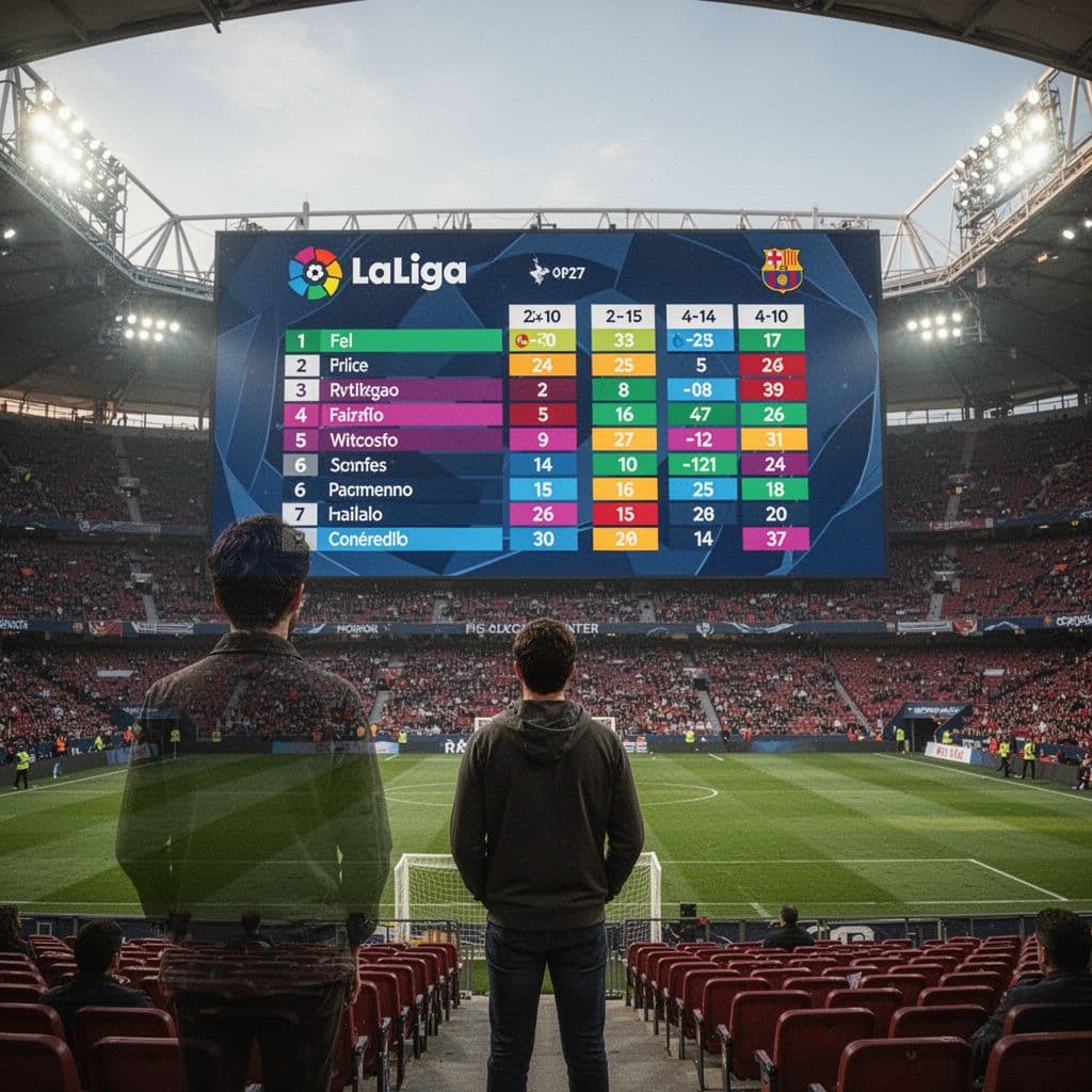 A person views a large professional digital sports standings screen inside a dimly lit football stadium.