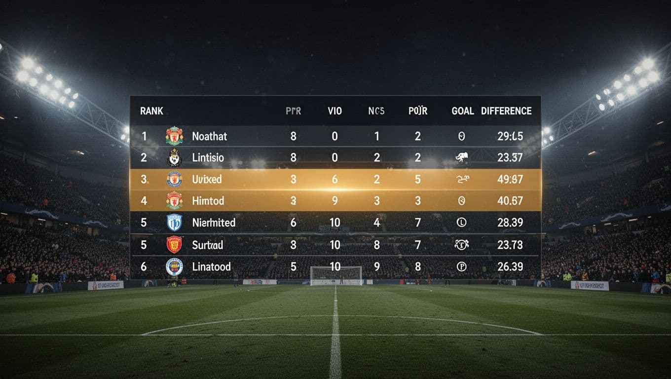 Simple infographic table of La Liga standings highlighting Real Sociedad mid-table against nighttime stadium background.
