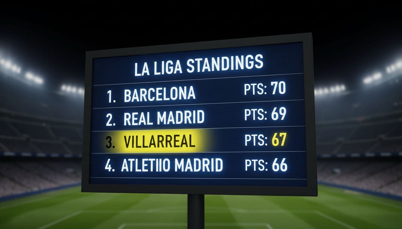 Nighttime stadium scoreboard shows La Liga standings: Barcelona 1st, Real Madrid 2nd, yellow-highlighted Villarreal 3rd, Atletico 4th close behind.