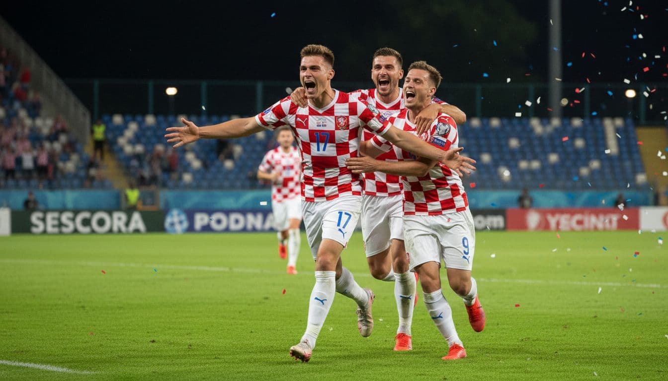 Czech defender Ladislav Krejci joyfully celebrates a vital goal against Denmark in the 2026 World Cup playoff final at Prague's Letna Stadium under bright night lights, with two teammates hugging him amid dynamic sports action.