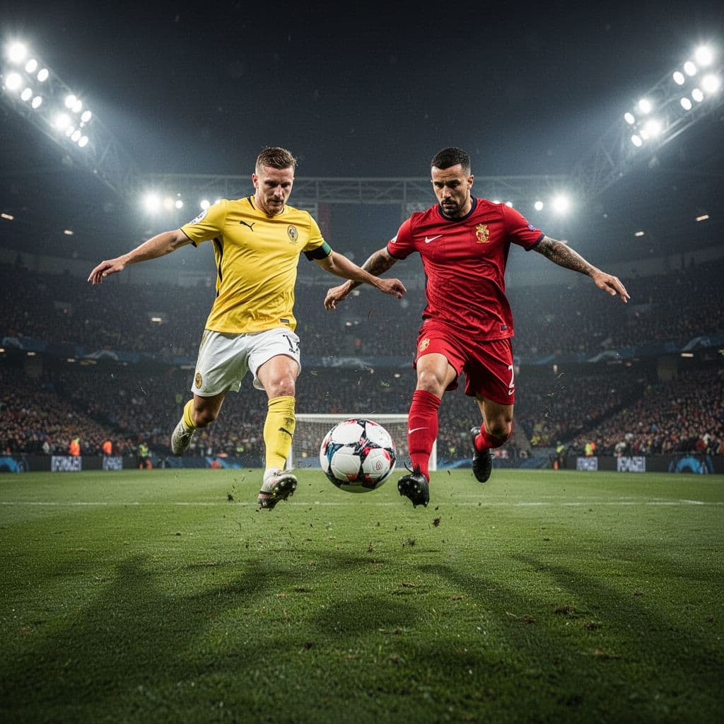 Seorang pemain berkostum kuning dan pemain berkostum merah sedang berebut bola di tengah lapangan rumput hijau yang terang. Lampu stadion yang megah menyinari aksi atletis mereka di tengah pertandingan yang sangat intens.