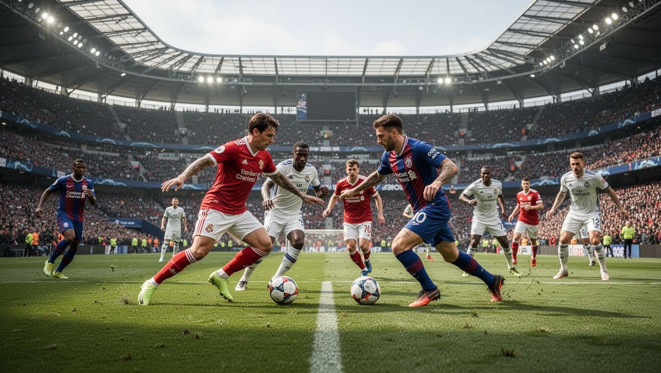 Para pemain mengenakan seragam warna-warni berlari mengejar bola di lapangan hijau stadion besar. Ribuan penonton memenuhi tribun di latar belakang dengan suasana penuh energi dan ketegangan kompetisi sepak bola kelas dunia.