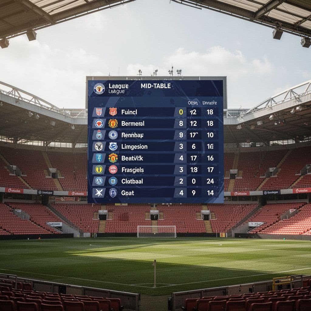 Stadium scoreboard shows middle LaLiga standings table with team names visible in soft daylight.