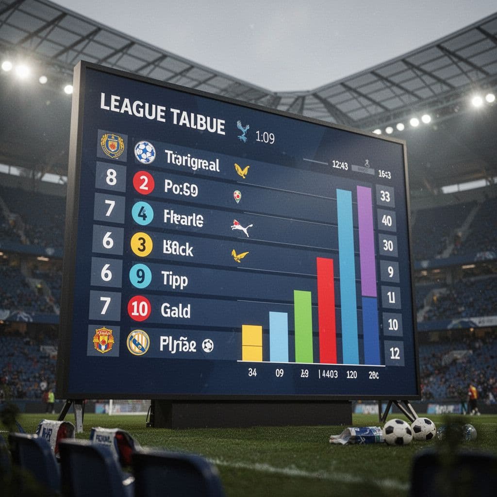 Close-up of digital scoreboard displaying LaLiga league table in modern stadium.