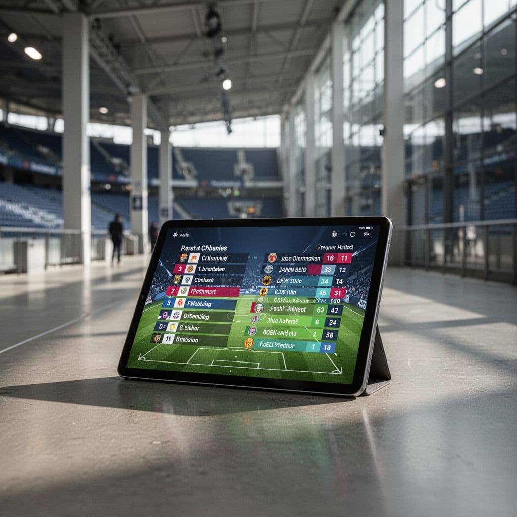 Digital tablet displays football league table in modern stadium concourse.
