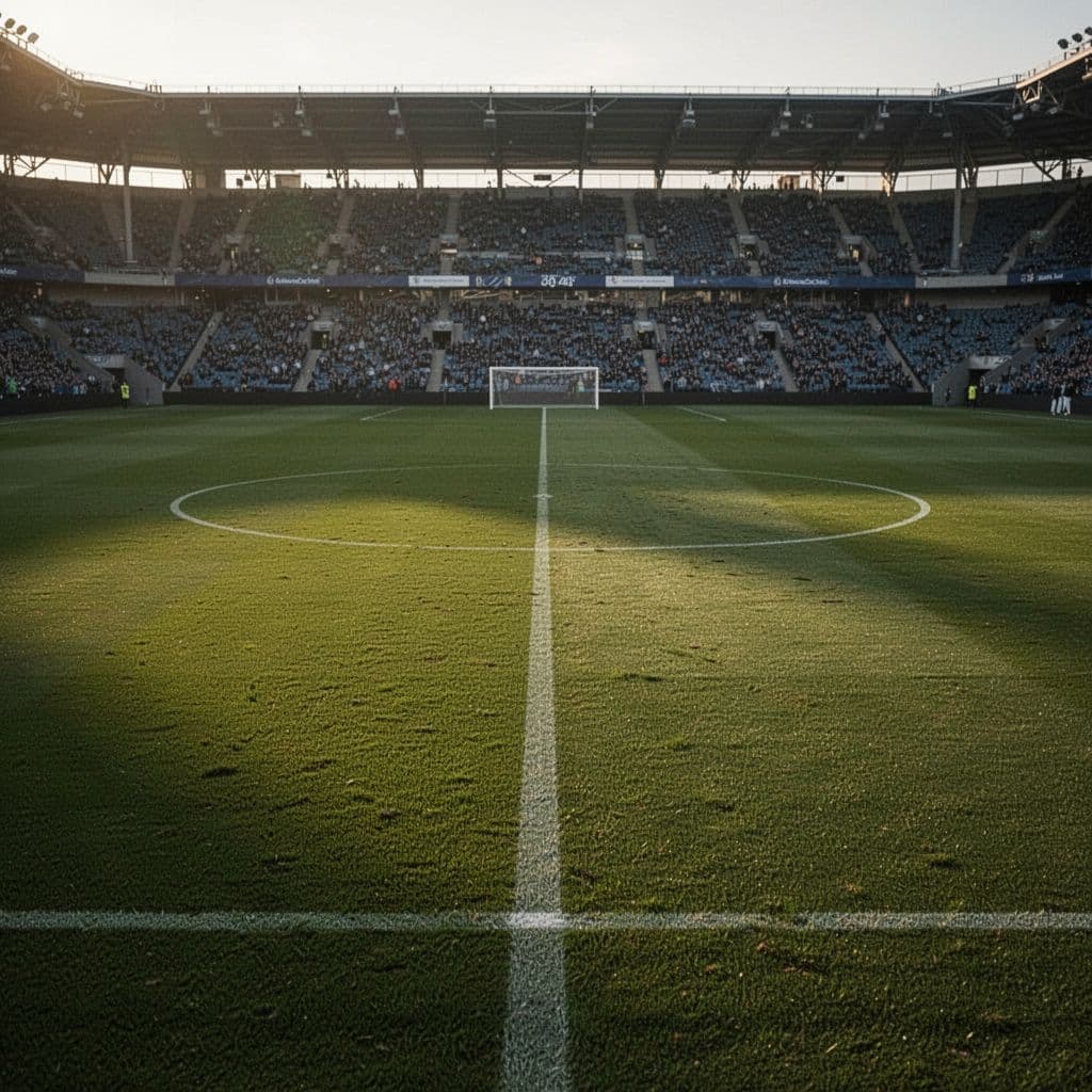 Rumput hijau terawat menutupi area tengah lapangan sepak bola di bawah pancaran cahaya matahari sore. Struktur stadion megah tampak samar di latar belakang, menciptakan suasana persiapan pertandingan yang sangat serius dan fokus.