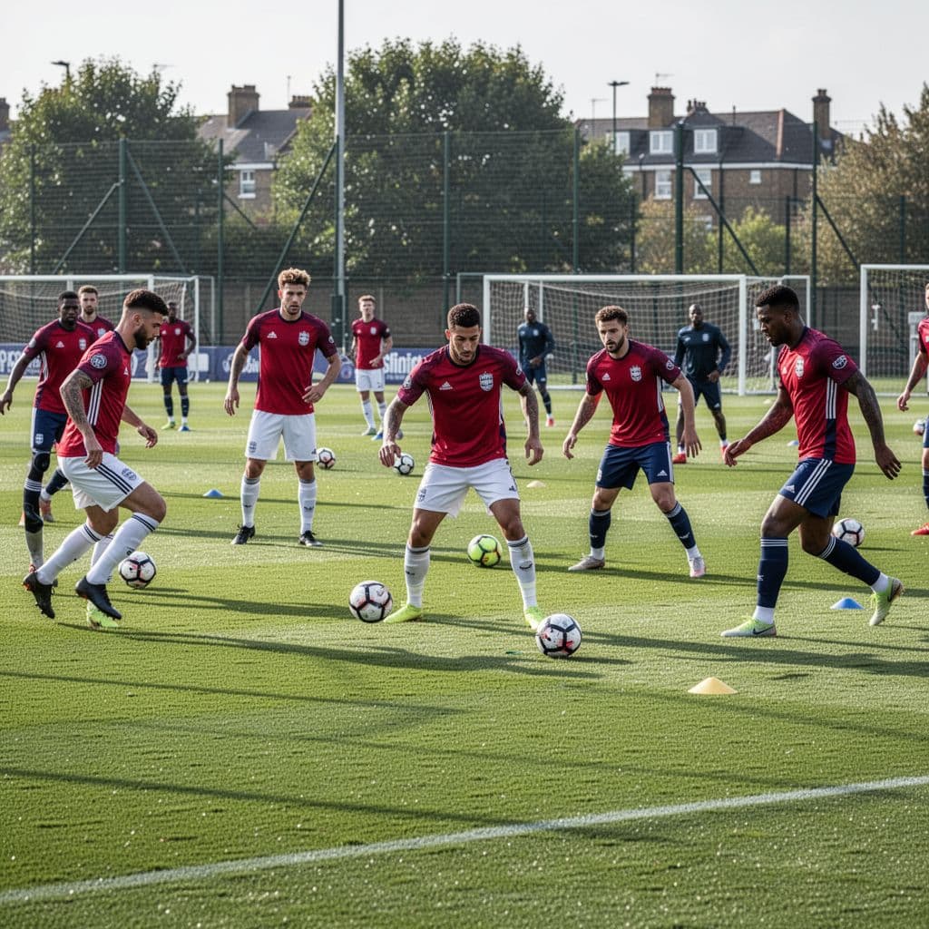 Para atlet sepak bola mengenakan jersey latihan putih melakukan pemanasan terfokus di tengah lapangan rumput yang luas. Cahaya matahari sore menyinari permukaan lapangan, menciptakan bayangan tipis di bawah kaki para pemain.