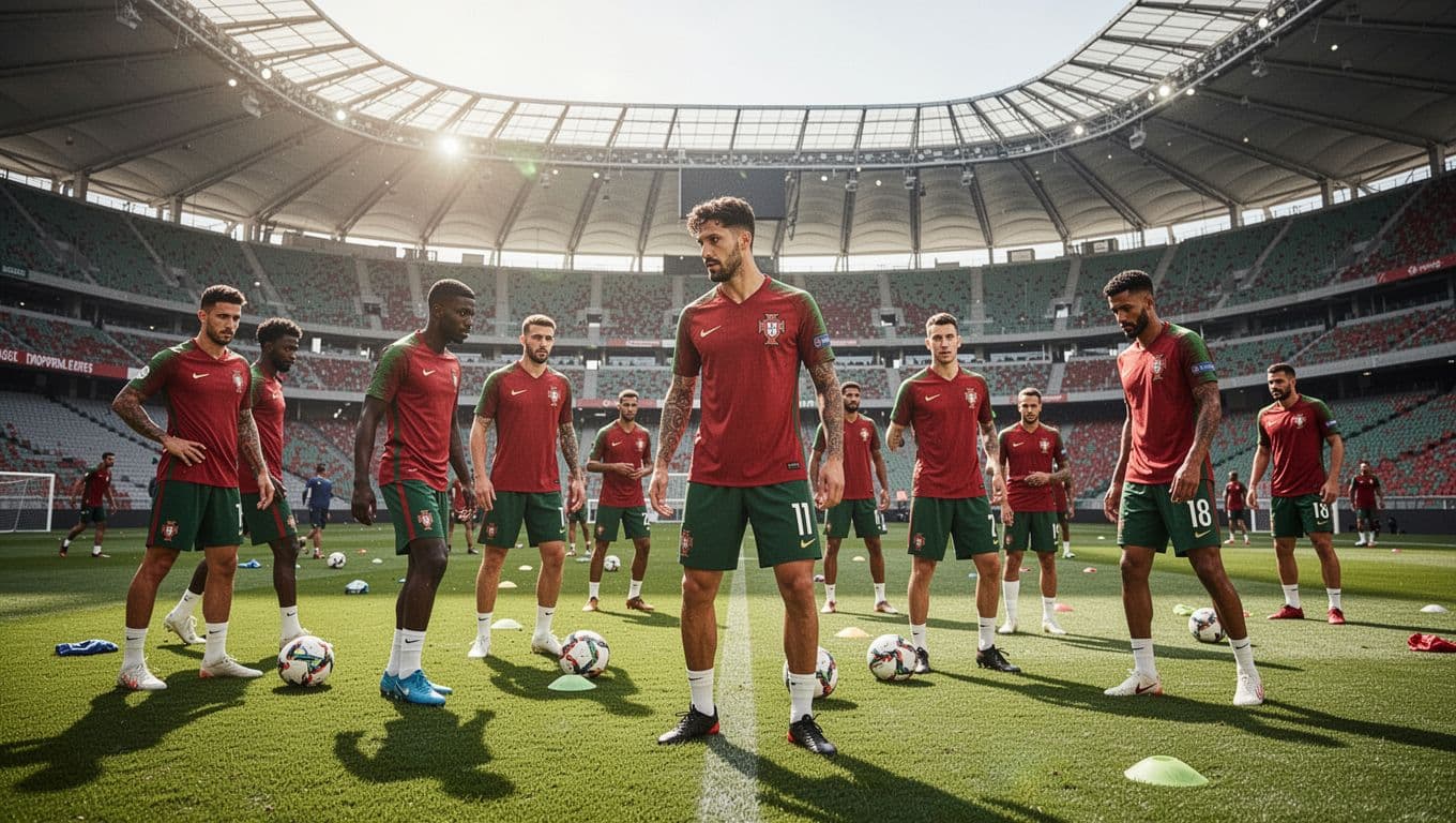 Para pemain sepak bola Portugal berlatih dengan penuh konsentrasi di tengah lapangan hijau stadion besar. Latar belakang memperlihatkan tribun penonton yang megah di bawah paparan sinar matahari yang sangat cerah.