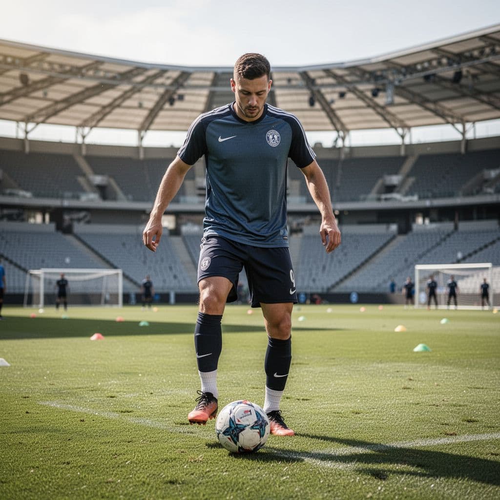 Seorang pemain sepak bola tim nasional Amerika Serikat sedang mengontrol bola dengan penuh konsentrasi di tengah lapangan hijau. Latar belakang stadion modern menunjukkan fasilitas olahraga kelas dunia di siang hari yang cerah.
