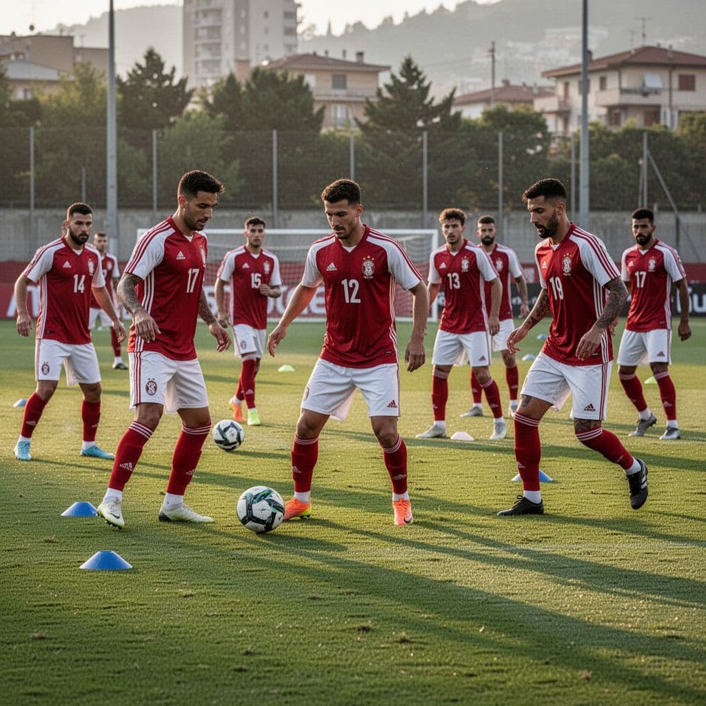 Para pemain sepak bola mengenakan seragam merah putih sedang berlatih di lapangan hijau yang luas. Sinar matahari sore yang hangat menyinari rumput saat mereka melakukan persiapan fisik yang intensif.