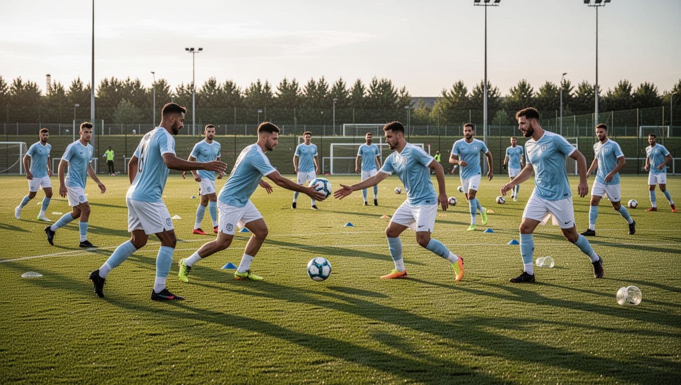 Pemain sepak bola berseragam biru muda dan putih berlatih serius di lapangan rumput hijau yang luas. Sinar matahari sore memberikan pencahayaan alami yang menonjolkan fokus serta kedisiplinan para pemain di lapangan.