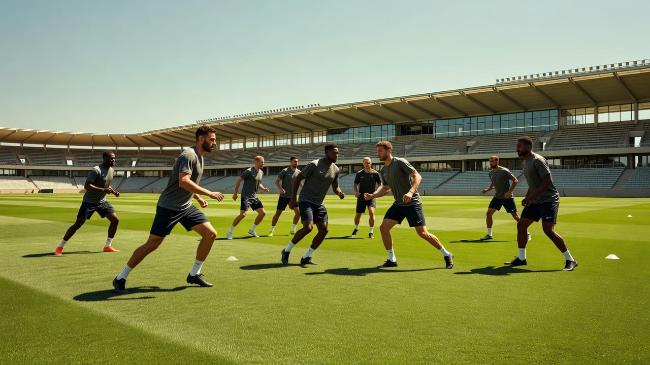 Sekelompok pemain sepak bola profesional melakukan sesi latihan di lapangan rumput hijau yang luas. Latar belakang menampilkan struktur stadion megah di bawah sinar matahari cerah yang menonjolkan fokus para pemain.
