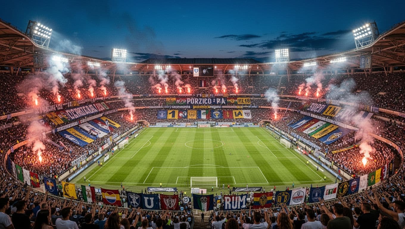 Aerial view of Stadio Olimpico filled with Lazio fans holding flares and banners under floodlights during night match.