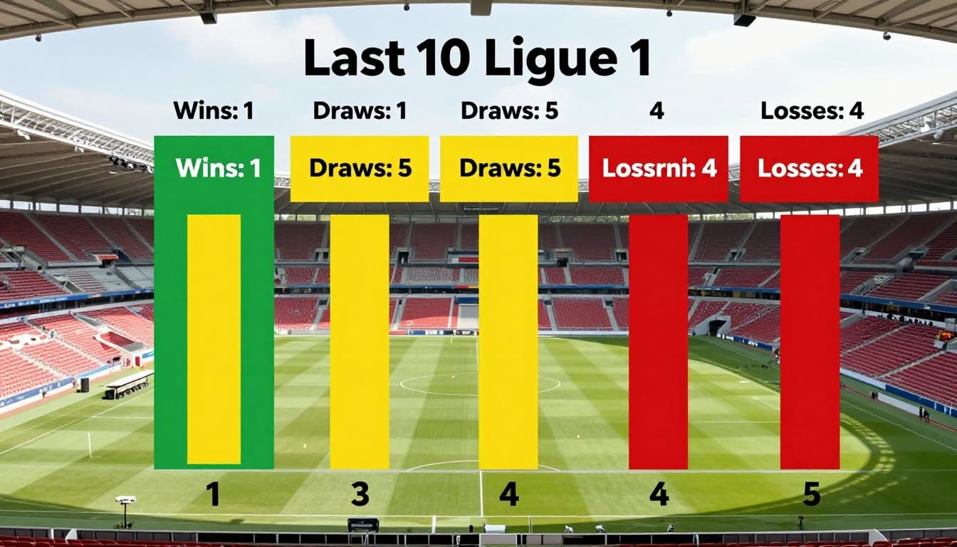 Horizontal bar chart shows 1 green win bar, 5 yellow draw bars, 4 red loss bars for Le Havre AC's last 10 Ligue 1 matches, blurred stadium seats background.