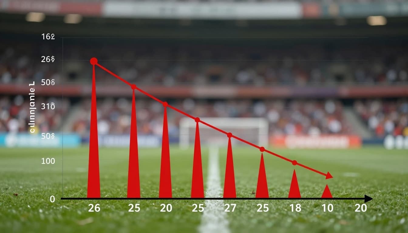 Rising line chart of conceded goals spiking against strong opponents on blurred pitch in red tones.