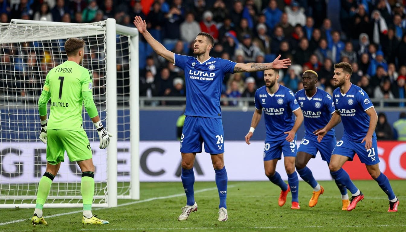 Le Havre player in blue jersey scores past goalkeeper, net bulging, teammate celebrates in background at dusk in Stade Oceane.
