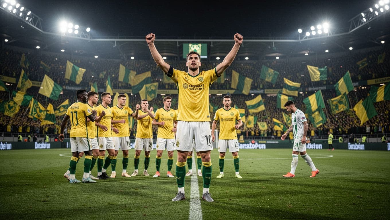 US Lecce player raises arms celebrating goal on night home pitch, crowd cheers with yellow-green flags, rivals dejected.