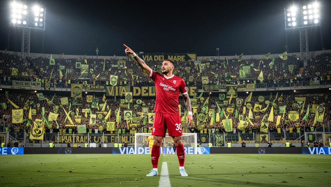 US Lecce players celebrate victory at Via del Mare stadium, one pointing to cheering yellow-green fans in packed stands under floodlights.