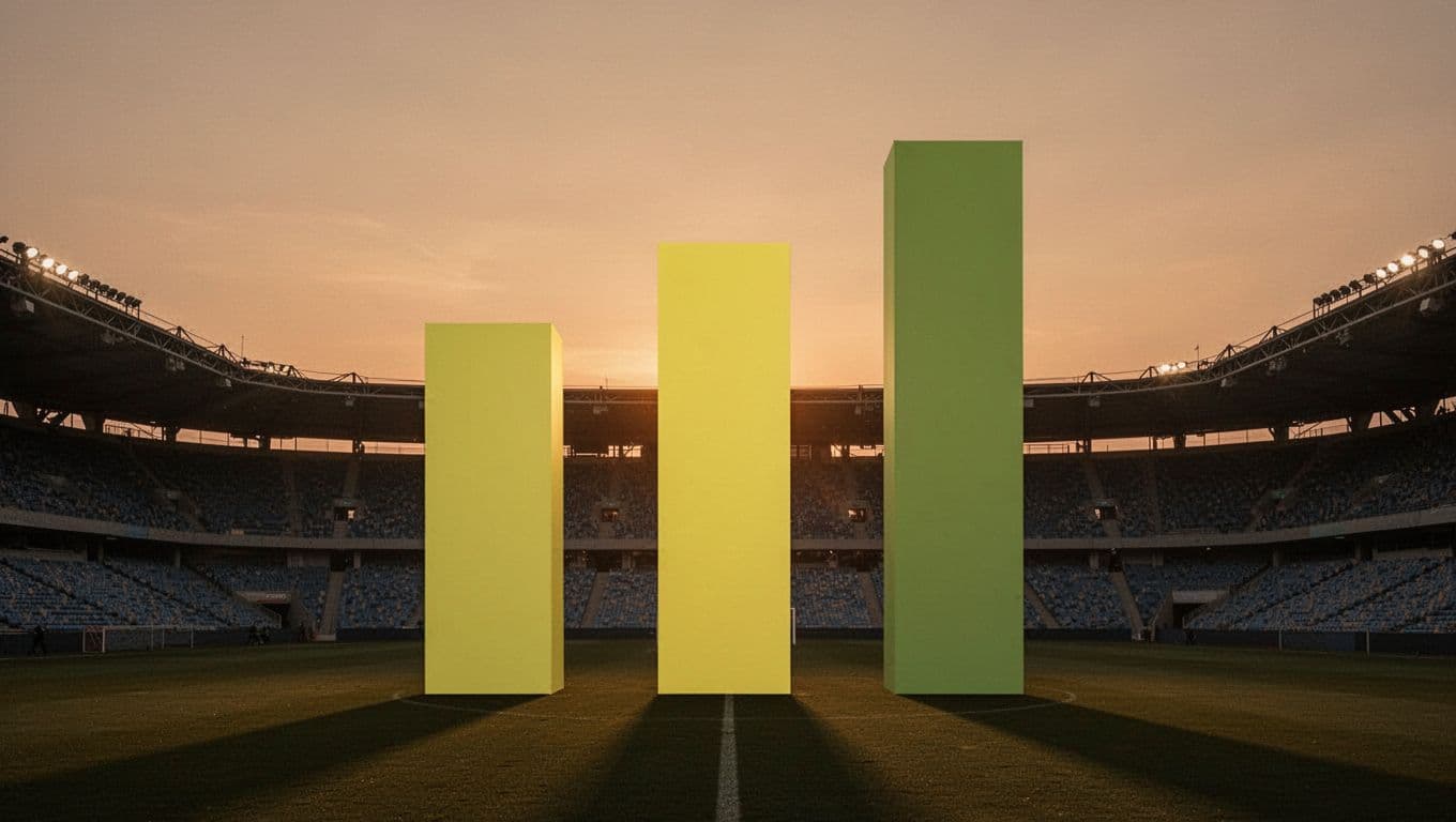 Bar chart with three yellow-green bars on dusk stadium background.