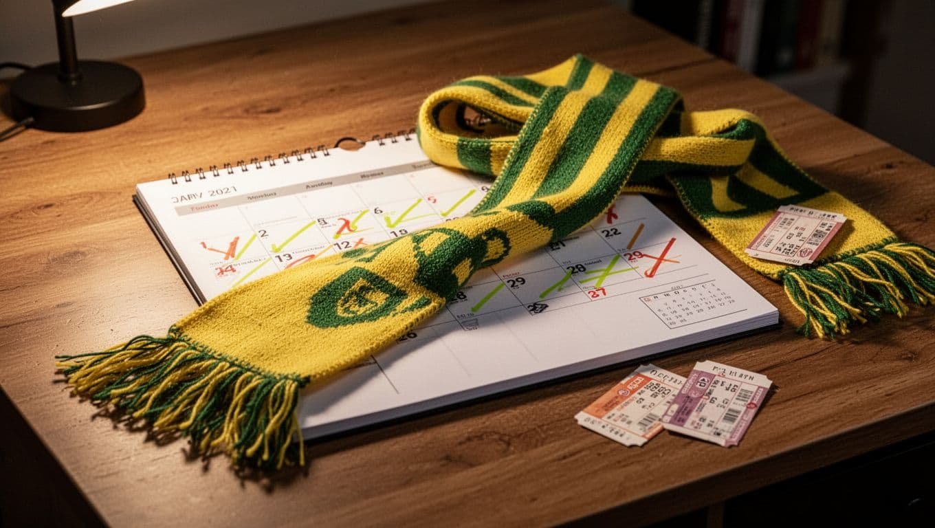 Soccer match calendar on desk with yellow-green US Lecce scarf, highlighted games, and nearby stadium ticket stubs under warm lighting.