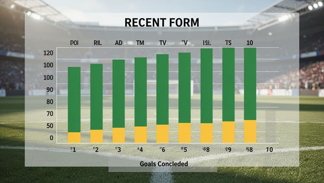 Bar chart with steady green bars for points and declining yellow bars for goals conceded over 10 matches on subtle pitch background.