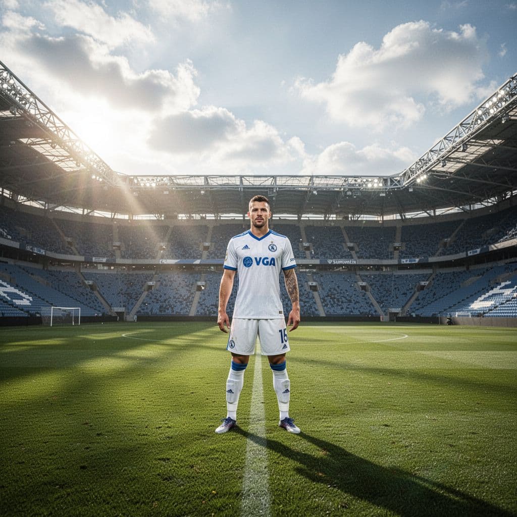 A focused professional football player in a white and blue kit stands on a vibrant stadium pitch.